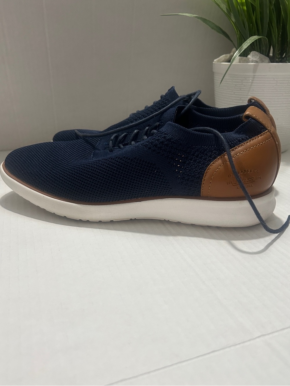 G.H. Bass & Co. Navy Knit Lace-Up Sneakers with Brown Trim